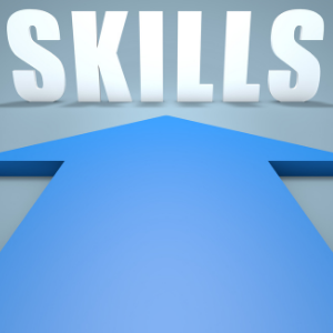 Blue arrow pointing towards the word Skills in white.
