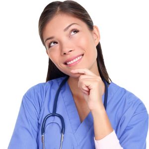 Student nurse wearing blue scrubs and a stethoscope hanging around her neck. Looks upwards with a questioning face.
