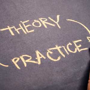 Chalkboard with the words "THEORY" and "PRACTICE" surrounded by curved lines.