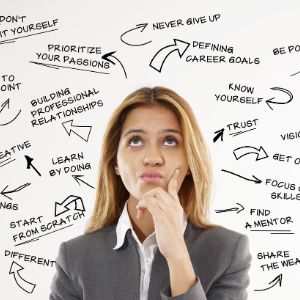 Women with eyes looking upwards with hand held against chin. questions about work issues and qualifications hang over her head.